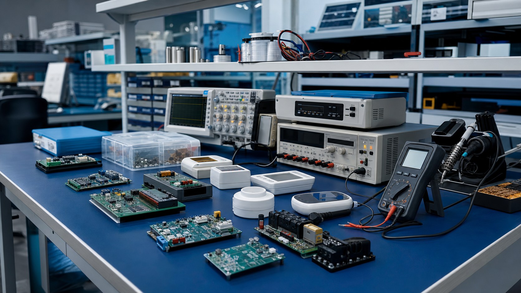 전자회로와 PCB 설계를 검토하는 전자기기 개발 작업대
